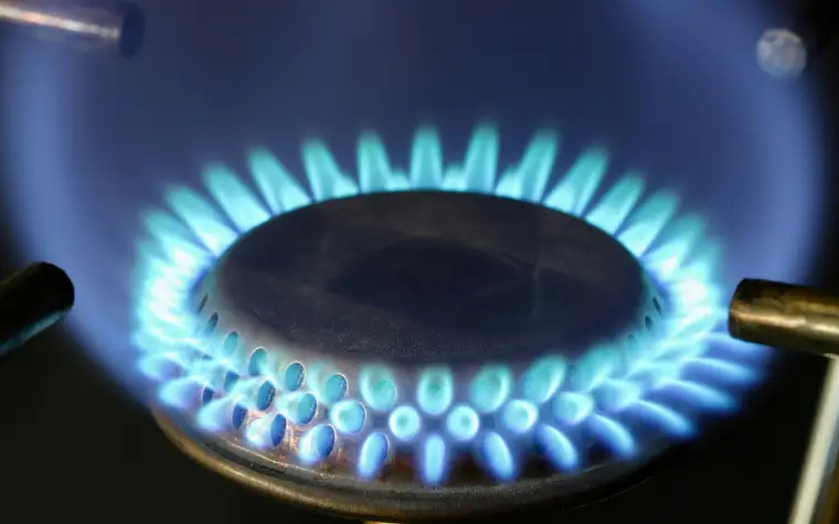 A commercial gas burner ring alight, burning with a steady blue flame