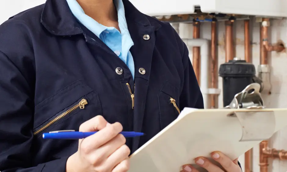 An engineer in overalls recording findings on a clipboard beside a wall-mounted boiler and its copper pipework